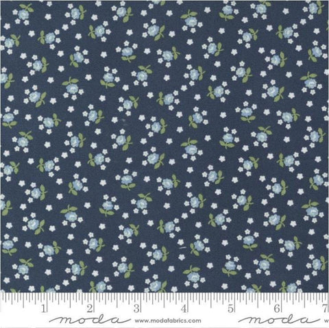 Image of the Nantucket Summer Fairground Navy quilting cotton fabric by Camille Roskelley for Moda Fabrics. Features florals on a blue background. Cute Little Fabric Shop