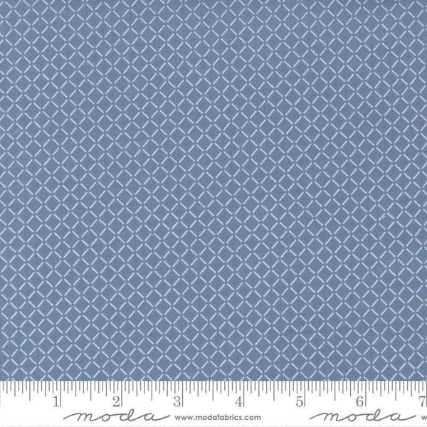 Image of the Nantucket Summer Sail Lake quilting cotton fabric by Camille Roskelley for Moda Fabrics. Features squares on a blue background. Cute Little Fabric Shop