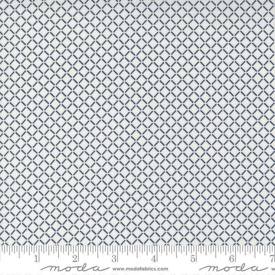 Image of the Nantucket Summer Stripes Cream Navy quilting cotton fabric by Camille Roskelley for Moda Fabrics. Features stripes on a gray background. Cute Little Fabric Shop