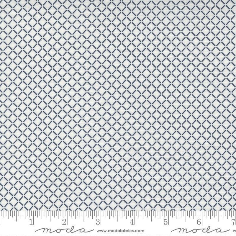 Image of the Nantucket Summer Stripes Cream Navy quilting cotton fabric by Camille Roskelley for Moda Fabrics. Features stripes on a gray background. Cute Little Fabric Shop