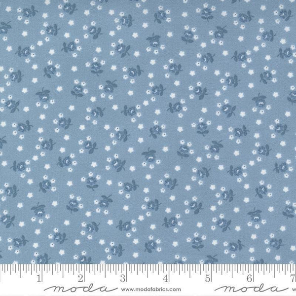 Image of the Nantucket Summer Fairground Light Blue quilting cotton fabric by Camille Roskelley for Moda Fabrics. Features florals on a blue background. Cute Little Fabric Shop