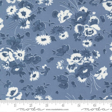 Image of the Nantucket Summer Florals Lake quilting cotton fabric by Camille Roskelley for Moda Fabrics. Features florals on a blue background. Cute Little Fabric Shop
