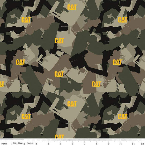 Image of the Caterpillar 100 Years Camo Green quilting cotton fabric by Riley Blake Designs. Features camouflage on a green background. Cute Little Fabric Shop