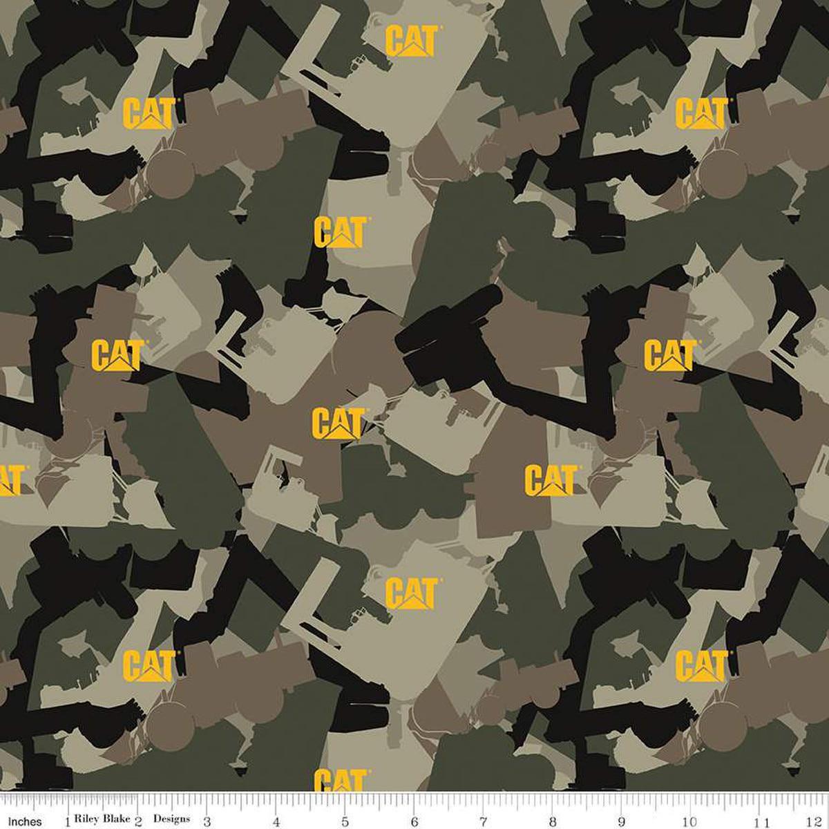 Image of the Caterpillar 100 Years Camo Green quilting cotton fabric by Riley Blake Designs. Features camouflage on a green background. Cute Little Fabric Shop