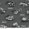 Image of the Caterpillar 100 Years Main Gray quilting cotton fabric by Riley Blake Designs. Features construction vehicles on a gray background. Cute Little Fabric Shop