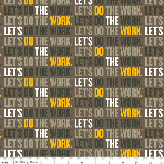 Image of the Caterpillar 100 Years Slogan Khaki quilting cotton fabric by Riley Blake Designs. Features slogans on a gray background. Cute Little Fabric Shop