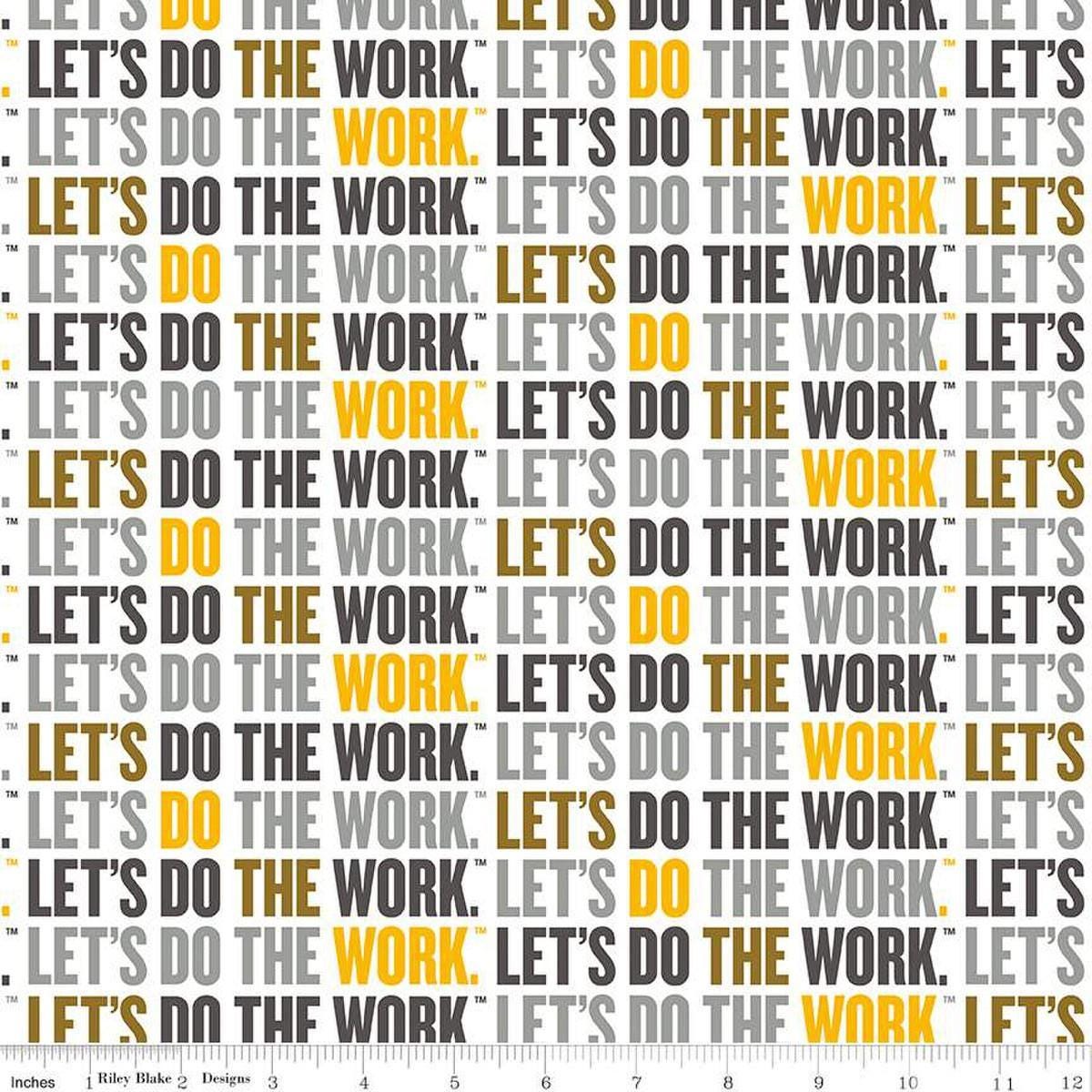 Image of the Caterpillar 100 Years Slogan White quilting cotton fabric by Riley Blake Designs. Features slogans on a white background. Cute Little Fabric Shop