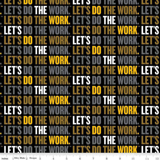 Image of the Caterpillar 100 Years Slogan Black quilting cotton fabric by Riley Blake Designs. Features slogans on a black background. Cute Little Fabric Shop