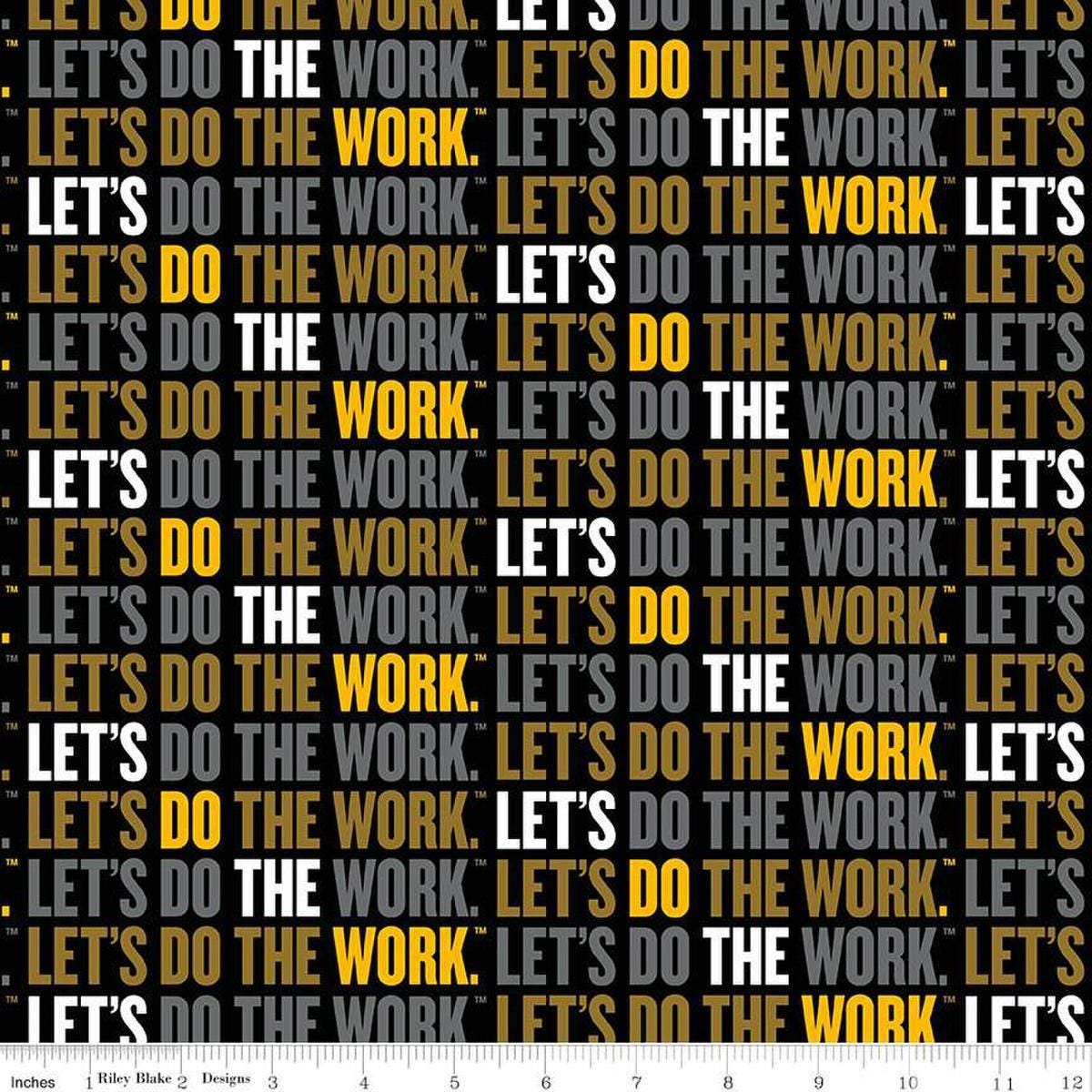 Image of the Caterpillar 100 Years Slogan Black quilting cotton fabric by Riley Blake Designs. Features slogans on a black background. Cute Little Fabric Shop