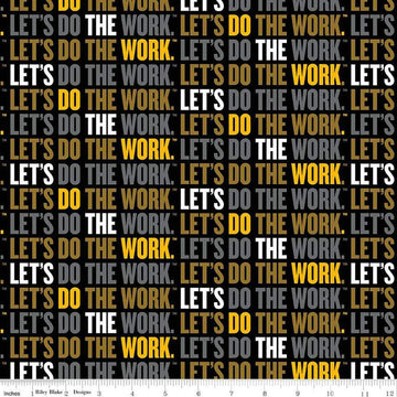 Image of the Caterpillar 100 Years Slogan Black quilting cotton fabric by Riley Blake Designs. Features slogans on a black background. Cute Little Fabric Shop