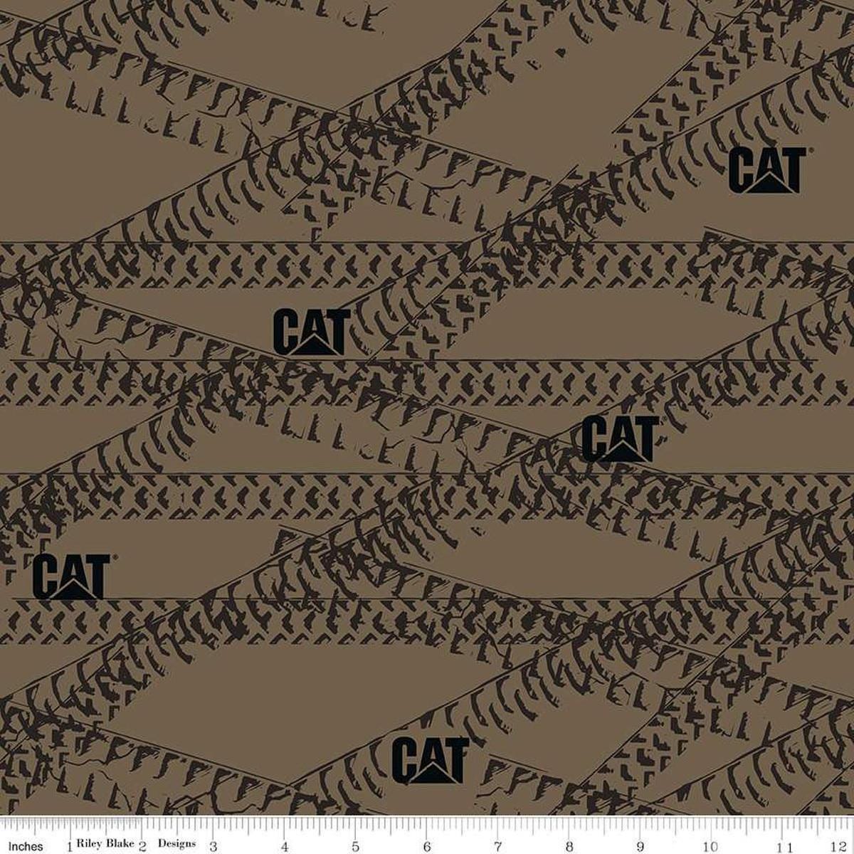 Image of the Caterpillar 100 Years Tracks Khaki quilting cotton fabric by Riley Blake Designs. Features tracks on a green background. Cute Little Fabric Shop