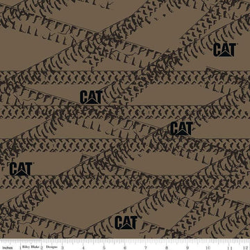 Image of the Caterpillar 100 Years Tracks Khaki quilting cotton fabric by Riley Blake Designs. Features tracks on a green background. Cute Little Fabric Shop