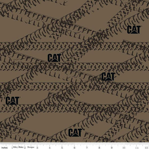 Image of the Caterpillar 100 Years Tracks Khaki quilting cotton fabric by Riley Blake Designs. Features tracks on a green background. Cute Little Fabric Shop