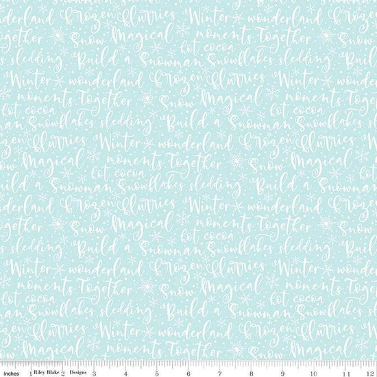 Image of the Winter Magic Winter Words Aqua quilting cotton fabric by Riley Blake Designs. Features words on a blue background. Cute Little Fabric Shop