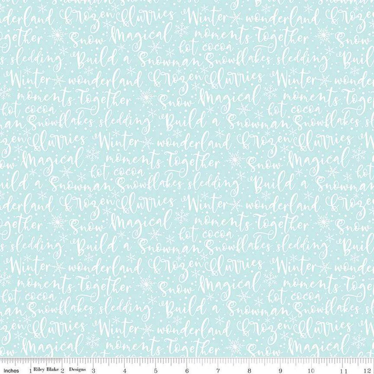 Image of the Winter Magic Winter Words Aqua quilting cotton fabric by Riley Blake Designs. Features words on a blue background. Cute Little Fabric Shop