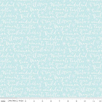 Image of the Winter Magic Winter Words Aqua quilting cotton fabric by Riley Blake Designs. Features words on a blue background. Cute Little Fabric Shop