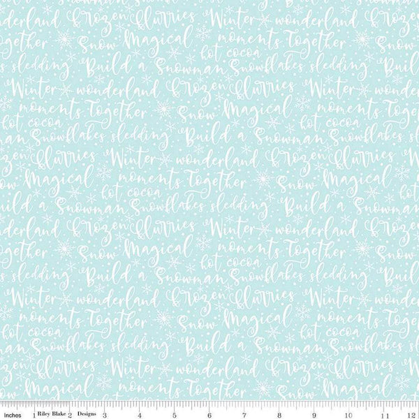 Image of the Winter Magic Winter Words Aqua quilting cotton fabric by Riley Blake Designs. Features words on a blue background. Cute Little Fabric Shop