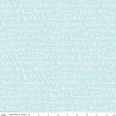 Image of the Winter Magic Winter Words Aqua quilting cotton fabric by Riley Blake Designs. Features words on a blue background. Cute Little Fabric Shop