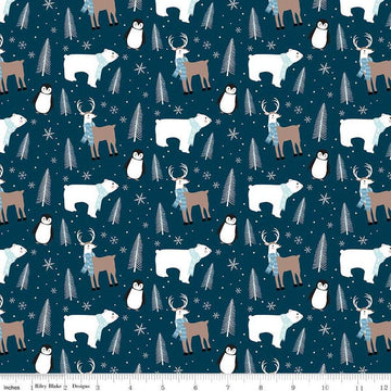 Image of the Winter Magic Main Navy quilting cotton fabric by Riley Blake Designs. Features animals on a blue background. Cute Little Fabric Shop