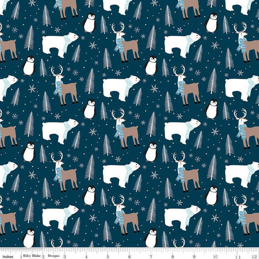 Image of the Winter Magic Main Navy quilting cotton fabric by Riley Blake Designs. Features animals on a blue background. Cute Little Fabric Shop