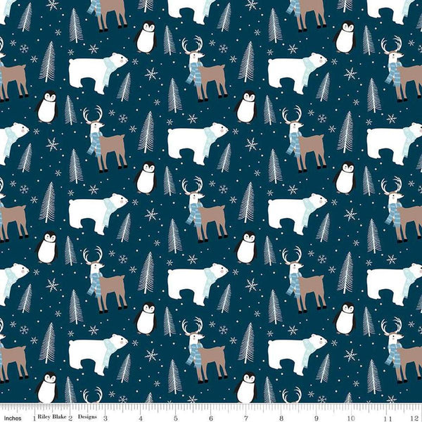 Image of the Winter Magic Main Navy quilting cotton fabric by Riley Blake Designs. Features animals on a blue background. Cute Little Fabric Shop