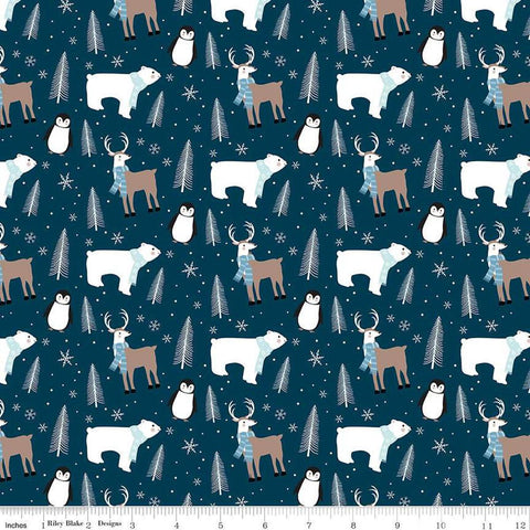 Image of the Winter Magic Main Navy quilting cotton fabric by Riley Blake Designs. Features animals on a blue background. Cute Little Fabric Shop