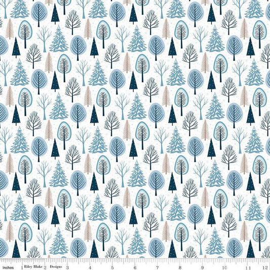 Image of the Winter Magic Trees White quilting cotton fabric by Riley Blake Designs. Features trees on a white background. Cute Little Fabric Shop