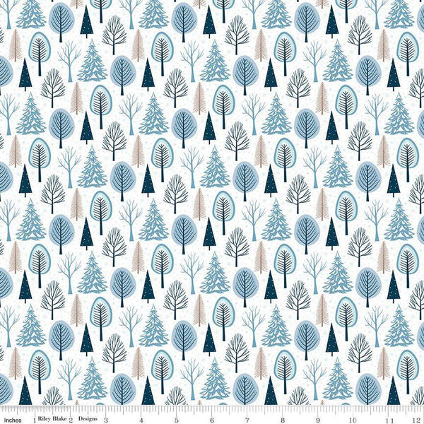 Image of the Winter Magic Trees White quilting cotton fabric by Riley Blake Designs. Features trees on a white background. Cute Little Fabric Shop