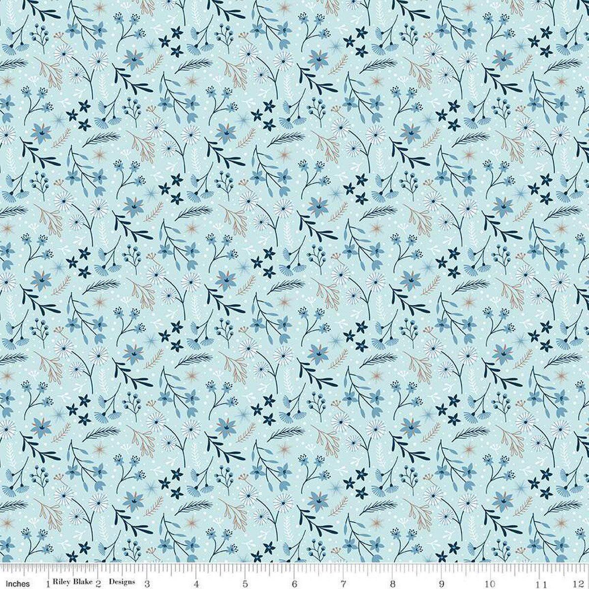 Image of the Winter Magic Floral Aqua quilting cotton fabric by Riley Blake Designs. Features flowers on a blue background. Cute Little Fabric Shop