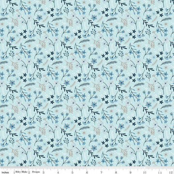 Image of the Winter Magic Floral Aqua quilting cotton fabric by Riley Blake Designs. Features flowers on a blue background. Cute Little Fabric Shop