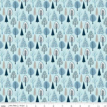 Image of the Winter Magic Trees Aqua quilting cotton fabric by Riley Blake Designs. Features trees on a blue background. Cute Little Fabric Shop