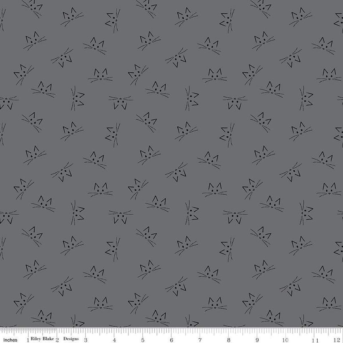 Image of Blackout Cat Face Gray by The RBD Designers for Riley Blake Designs. Features cat faces on a gray background. Cute Little Fabric Shop