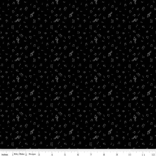 Image of Blackout Notes Black by The RBD Designers for Riley Blake Designs. Features music notes on a black background. Cute Little Fabric Shop