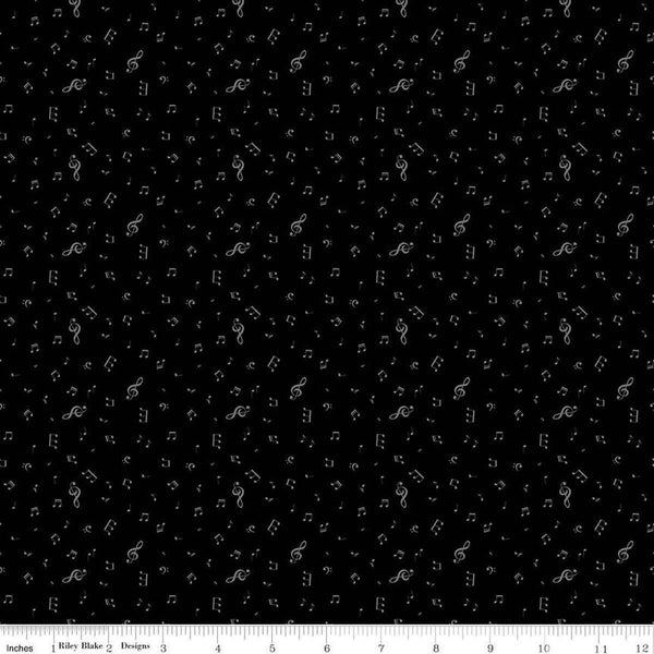 Image of Blackout Notes Black by The RBD Designers for Riley Blake Designs. Features music notes on a black background. Cute Little Fabric Shop