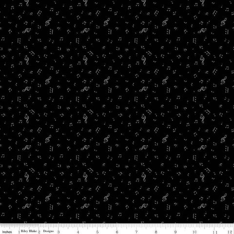Image of Blackout Notes Black by The RBD Designers for Riley Blake Designs. Features music notes on a black background. Cute Little Fabric Shop