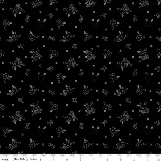 Image of Blackout Bushel Black by The RBD Designers for Riley Blake Designs. Features flowers on a black background. Cute Little Fabric Shop