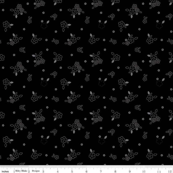 Image of Blackout Bushel Black by The RBD Designers for Riley Blake Designs. Features flowers on a black background. Cute Little Fabric Shop