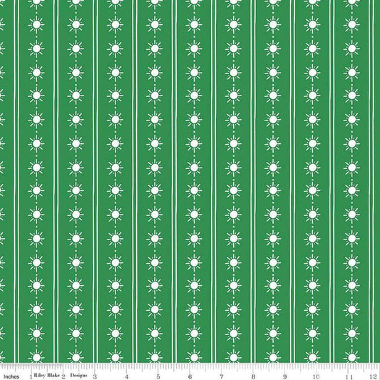 Image of the Two by Two Happy Rays Green quilting cotton fabric by Cayla Naylor for Riley Blake Designs. Features suns on a green background. Cute Little Fabric Shop