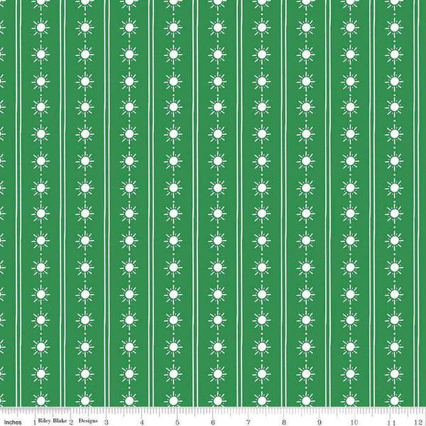 Image of the Two by Two Happy Rays Green quilting cotton fabric by Cayla Naylor for Riley Blake Designs. Features suns on a green background. Cute Little Fabric Shop