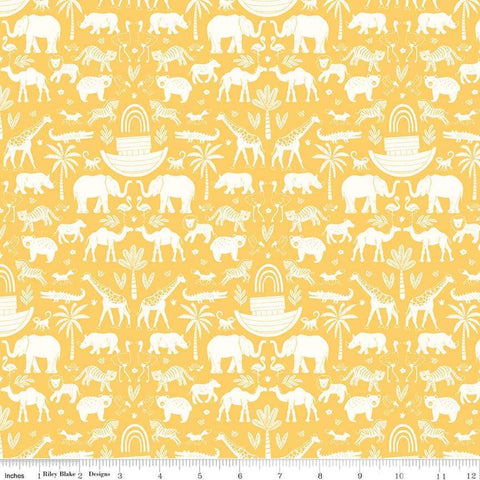 Image of the Two by Two Ark Adventures Yellow quilting cotton fabric by Cayla Naylor for Riley Blake Designs. Features animals on a yellow background. Cute Little Fabric Shop