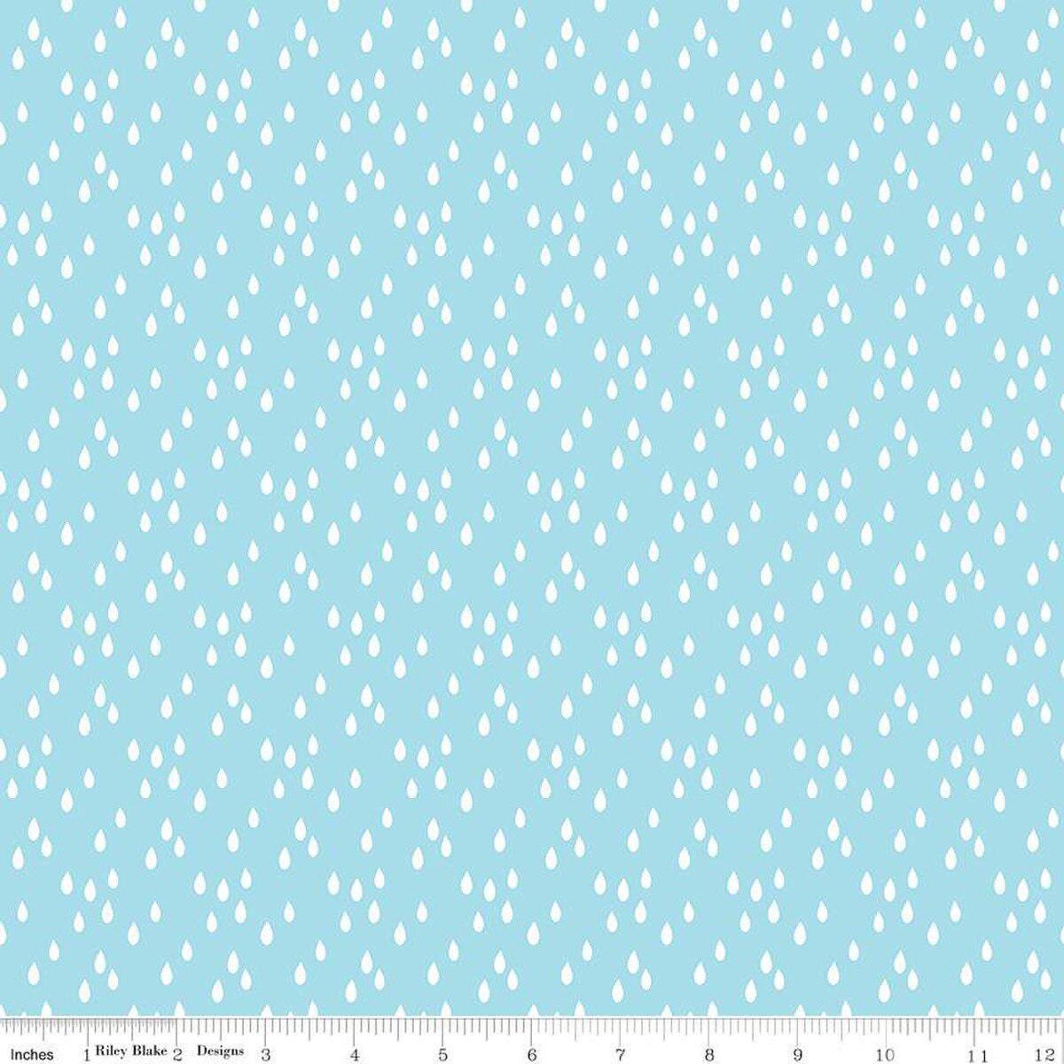 Image of the Two by Two Rainy Day Sky quilting cotton fabric by Cayla Naylor for Riley Blake Designs. Features raindrops on a blue background. Cute Little Fabric Shop