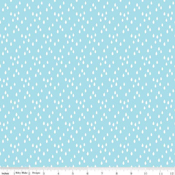 Image of the Two by Two Rainy Day Sky quilting cotton fabric by Cayla Naylor for Riley Blake Designs. Features raindrops on a blue background. Cute Little Fabric Shop