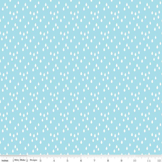 Image of the Two by Two Rainy Day Sky quilting cotton fabric by Cayla Naylor for Riley Blake Designs. Features raindrops on a blue background. Cute Little Fabric Shop
