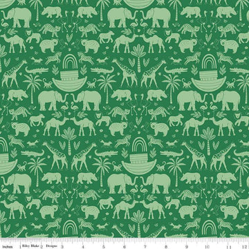 Image of the Two by Two Ark Adventures Green quilting cotton fabric by Cayla Naylor for Riley Blake Designs. Features animals on a green background. Cute Little Fabric Shop