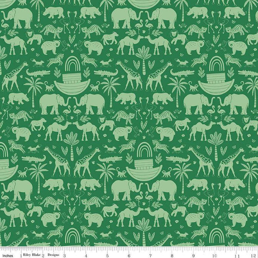 Image of the Two by Two Ark Adventures Green quilting cotton fabric by Cayla Naylor for Riley Blake Designs. Features animals on a green background. Cute Little Fabric Shop