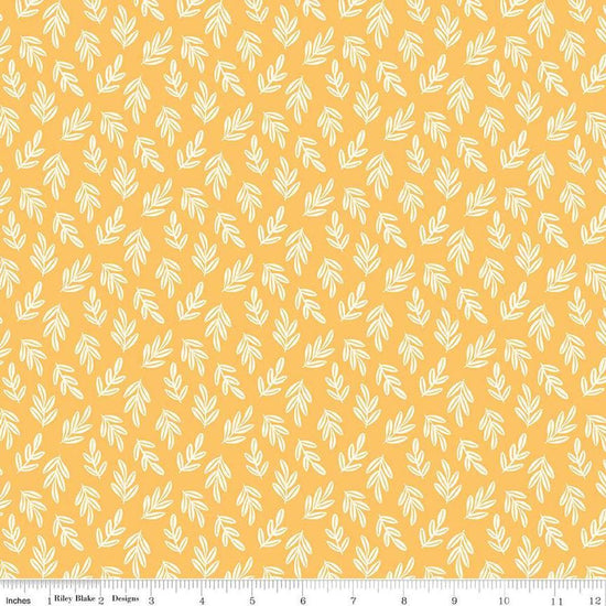 Image of the Two by Two Branchy Bliss Yellow quilting cotton fabric by Cayla Naylor for Riley Blake Designs. Features leaves on a yellow background. Cute Little Fabric Shop