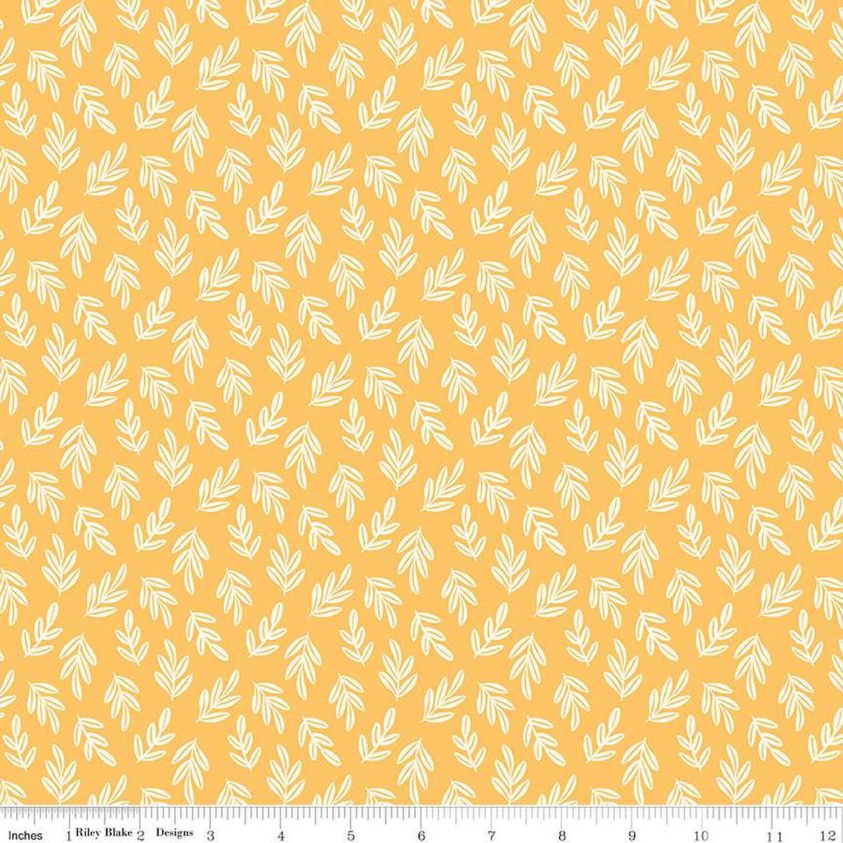 Image of the Two by Two Branchy Bliss Yellow quilting cotton fabric by Cayla Naylor for Riley Blake Designs. Features leaves on a yellow background. Cute Little Fabric Shop