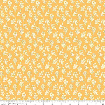 Image of the Two by Two Branchy Bliss Yellow quilting cotton fabric by Cayla Naylor for Riley Blake Designs. Features leaves on a yellow background. Cute Little Fabric Shop