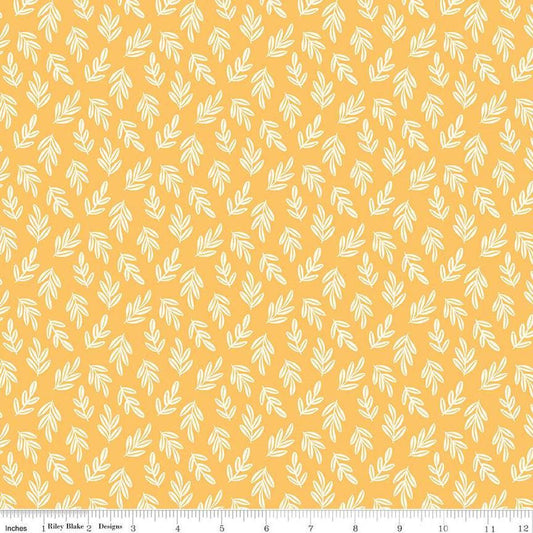 Image of the Two by Two Branchy Bliss Yellow quilting cotton fabric by Cayla Naylor for Riley Blake Designs. Features leaves on a yellow background. Cute Little Fabric Shop