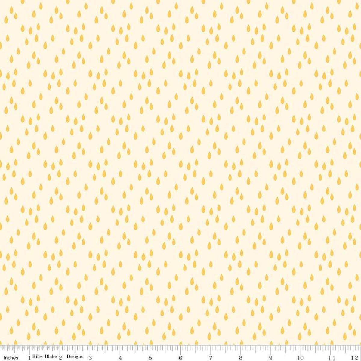 Image of the Two by Two Rainy Day Cream quilting cotton fabric by Cayla Naylor for Riley Blake Designs. Features raindrops on a yellow background. Cute Little Fabric Shop